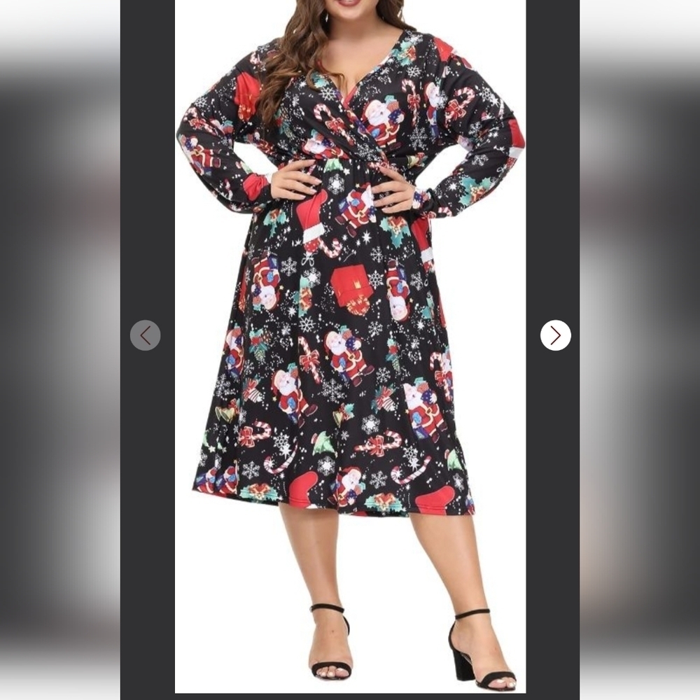 Willotis Christmas Print V Neck Long Sleeve Dress Size XL